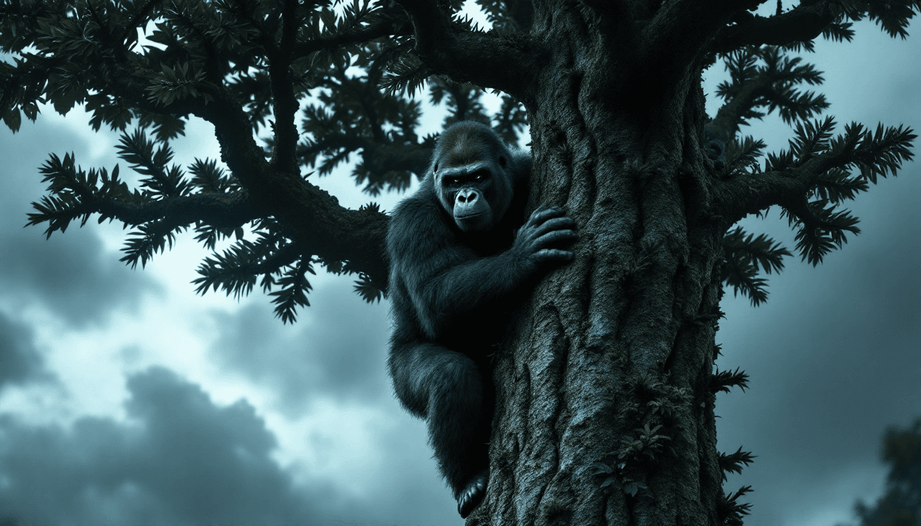 Mountain gorilla scaling a monkey puzzle tree